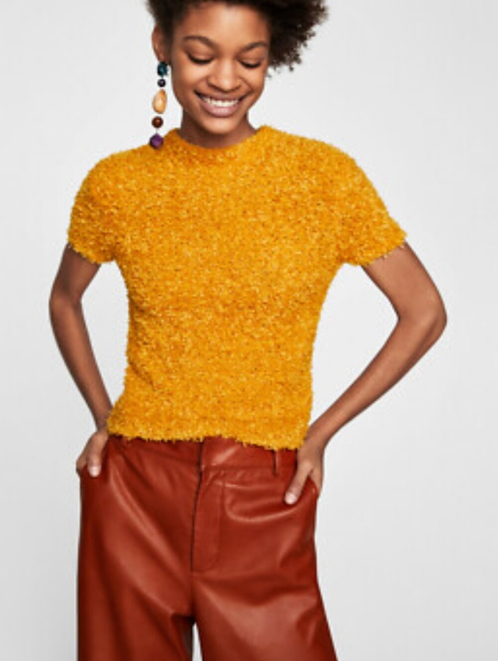 Zara Textured Short-Sleeve Sweater Top in Mustard